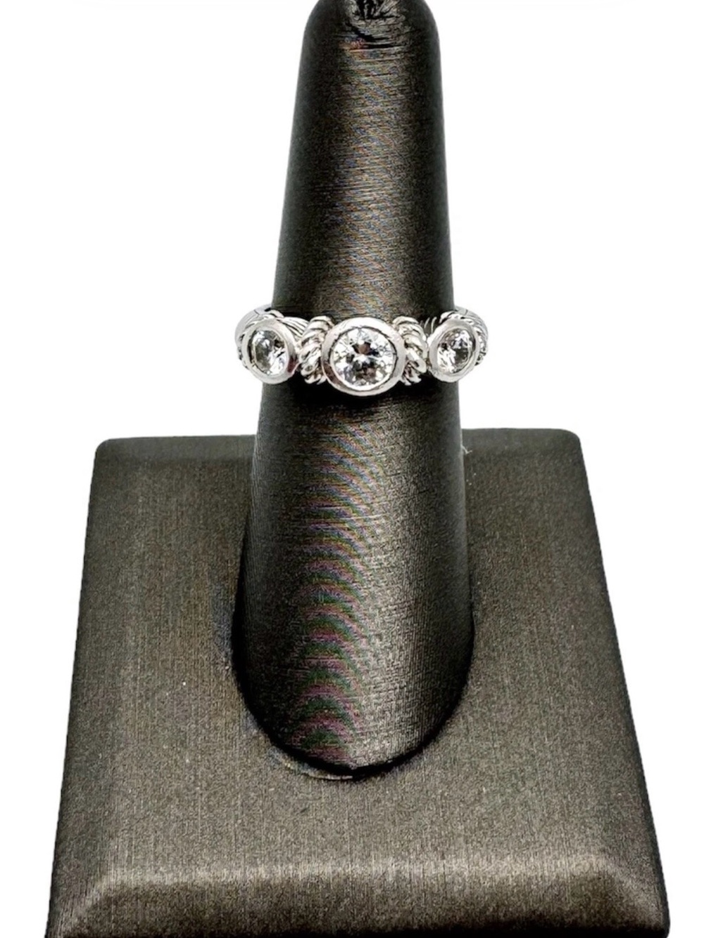 Judith Ripka Silver Three-Stone Rope Bezel Ring with Clear Stones *Size 7 1/4